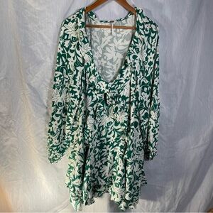 Free People Green and White Floral Boho Ruffle Mini or Tunic